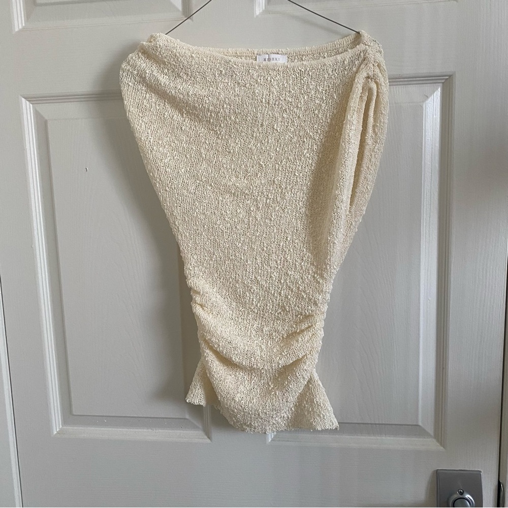 Meshki Cream Ruched Off Shoulder Boucle Knit Top